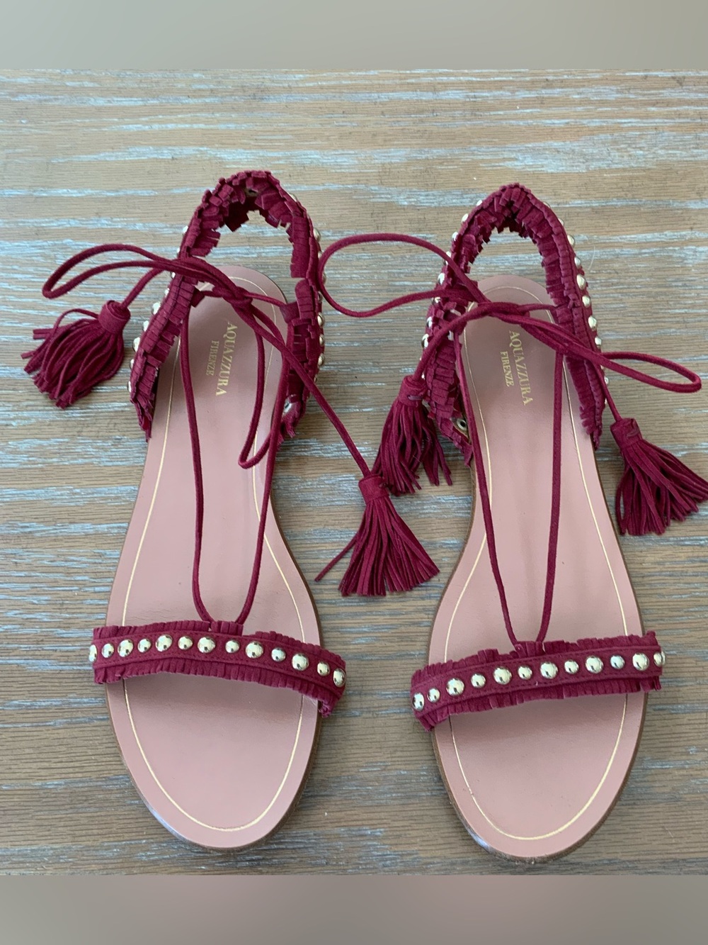 Aquazzura Suede Fringe Studded Flat Strap Marsala Sandals EU38 US 7.5